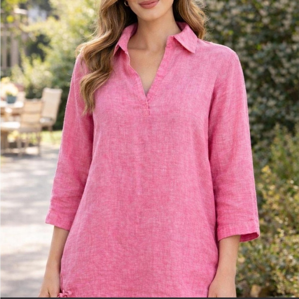 St. Tropez 100% LINEN tunic blouse top shirt Sz XL pink 3/4 sleeve v-neck